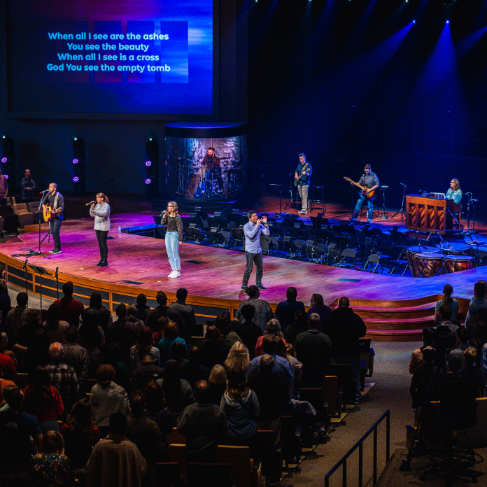 Church worship team on stage Sunday morning